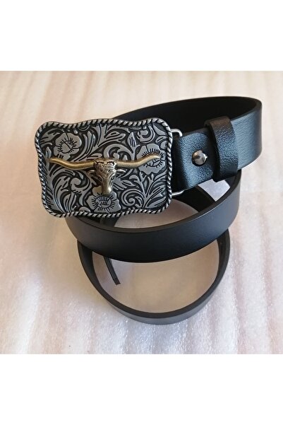 Butik Tülin حزام بإبزيم كاوبوي من جلد العجل الأصلي الأصلي للجنسين باللون الأس...