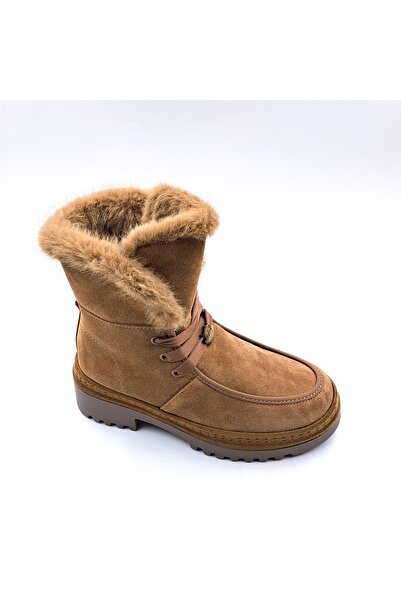 Guja Hakiki Süet Deri İçi Hakiki Kuzu Kürk Camel Beji Kadın Bot