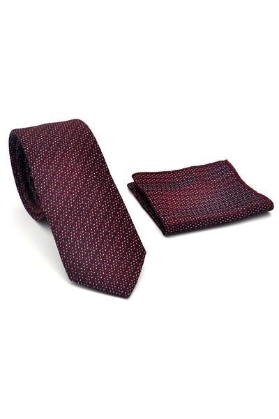Gaffy White Crumb Patterned Burgundy Woven Fabric Slim Fit Tie with Handkerchief // Sdk-2504-3