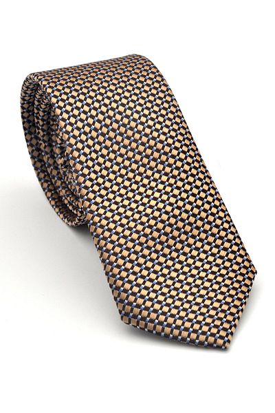 Gaffy White Small Square Pattern Beige Woven Fabric Handkerchief Slim Fit Tie // Sdk-2511-7