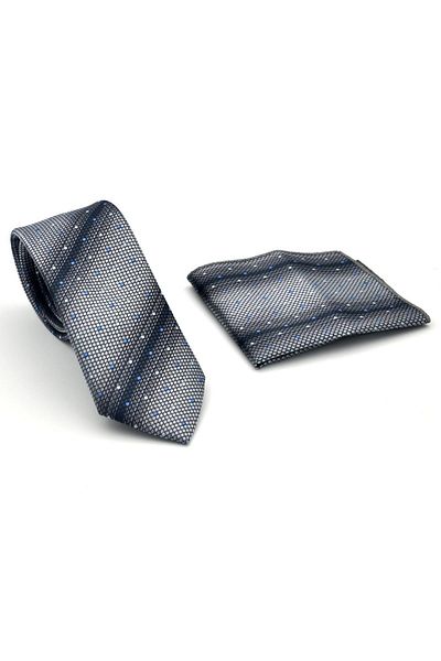 Gaffy Slim Fit Tie with Smoked Cheater Pattern Gray Woven Fabric Handkerchief // Sdk-2505-4