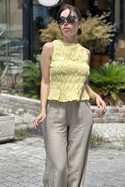CurcunaShop Kadın Kolsuz Büzgülü Yumuşak Crop Bluz