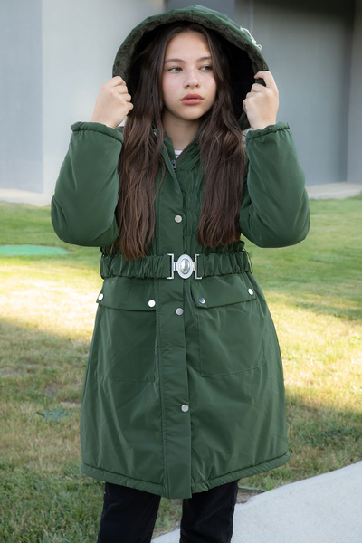 Cansın Mini Haki Kemerli Nubuk Kumaş Kız Çocuk İçi Kürklü Kapüşonlu Şişme Mont 21313