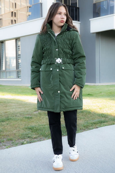 Cansın Mini Haki Kemerli Nubuk Kumaş Kız Çocuk İçi Kürklü Kapüşonlu Şişme Mont 21313