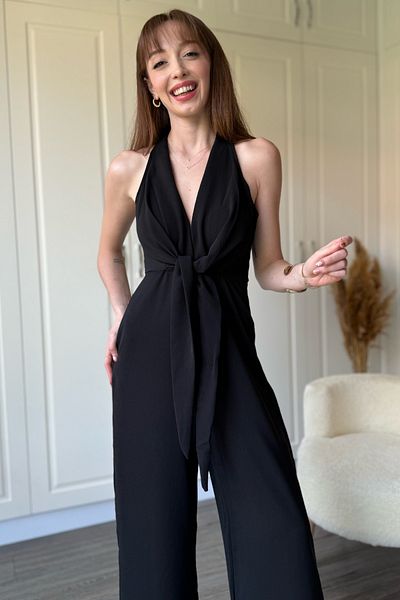 Dilay Gökoğlu Butik Black Front Tie Wide Leg Jumpsuit