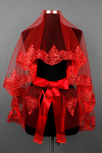 Mortex Kırmızı Güpürlü Pullu Gelin Seti – Kına Gecesi, Düğün, Nikah İçin Duva...