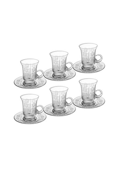 Byblos Glass tea set, 6 cups and 6 saucers, Turkish made, with beautiful and elegant laser engraving