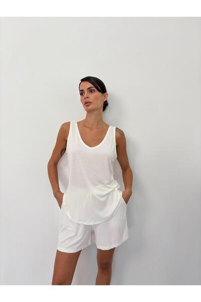 PJ’S ME V-Neck Draped Ecru Modal Tank Top