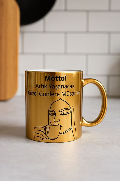 çokaş Pack of 3 Gold Color Coffee Mug Cups with Text Printed