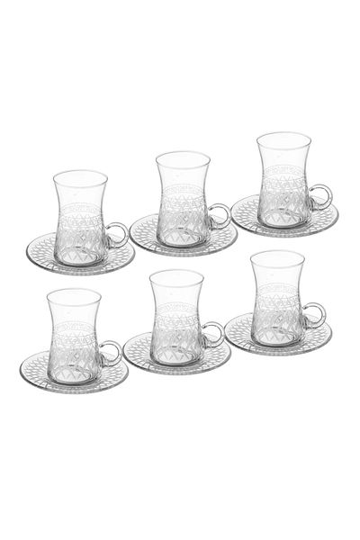 Byblos Glass tea set, 6 cups and 6 saucers, Turkish made, with beautiful and elegant laser engraving