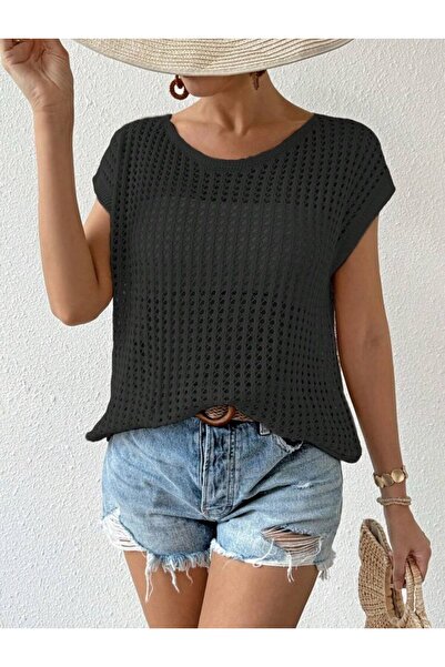 EKİN DEMİR Openwork Short Sleeve Boat Neck Off Shoulder 100% Cotton Women's Knitwear Sweater