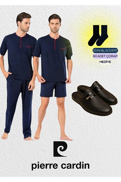 Pierre Cardin Men's Clothing Navy Blue Combed Cotton 3-Piece Short Sleeve Pajama Set & Leather Slippers Set L1.Pc.5370.291