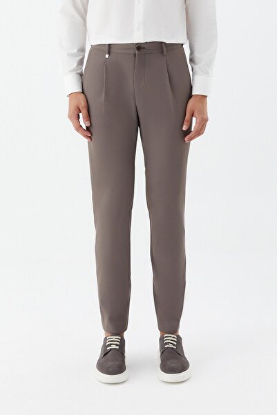 Sabri Özel Regular Fit Pileli Erkek Chino Pantolon Koyu Vizon
