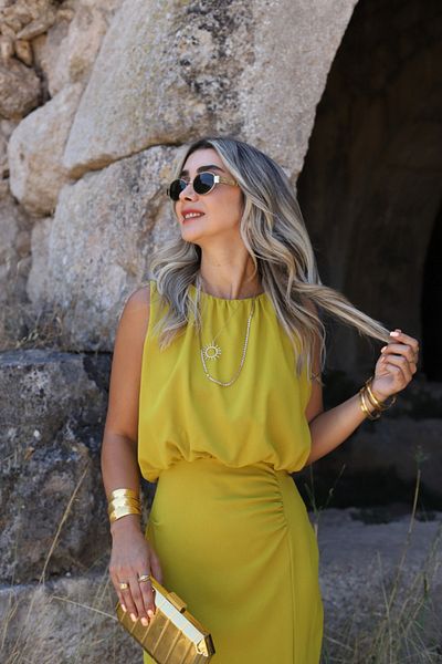 bytugcekaya Olive round neck Draped slit detail dress
