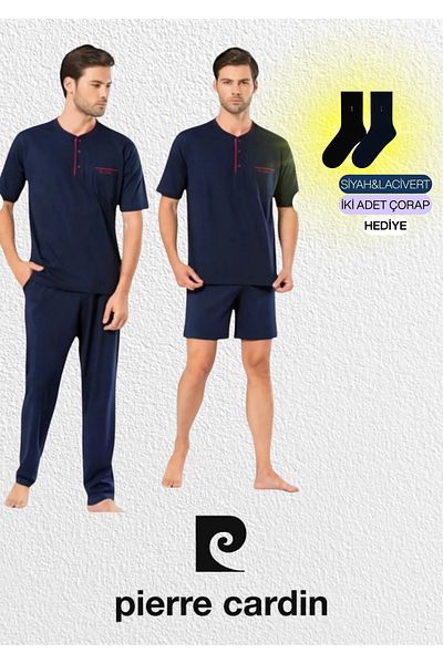 Pierre Cardin Men's Clothing Navy Blue Combed Cotton 3-Piece Short Sleeve Pajama Set (2 Socks Gift) L1.Pc.5370.001