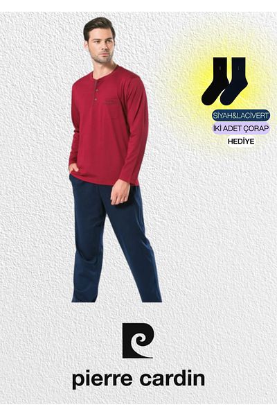 Pierre Cardin Men's Combed Cotton Claret Red 2-Piece Pajama Set (2 Socks Gift) L1.Pc.5454.001