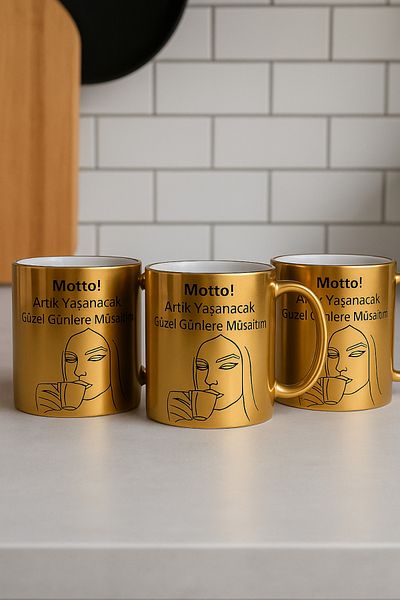 çokaş Pack of 3 Gold Color Coffee Mug Cups with Text Printed