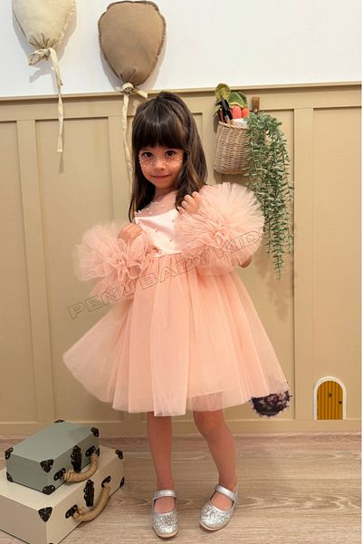 penu baby kids Salmon Pompom Detailed Pearl Decorated Cotton Lined Girl's Baby Girl Dress