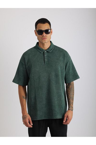 EGHO Washed Double Pique Fabric Men's Polo Neck Loose Fit T-Shirt with Tumbled Effect