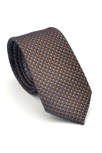 Gaffy Blue Dot Patterned Brown Woven Fabric Slim Fit Tie with Handkerchief // Sdk-2510-5
