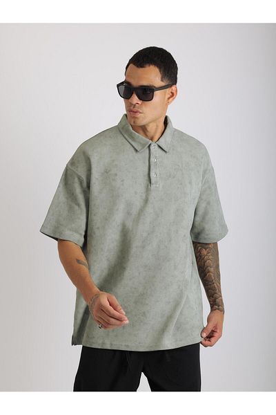 EGHO Washed Double Pique Fabric Men's Polo Neck Loose Fit T-Shirt with Tumbled Effect