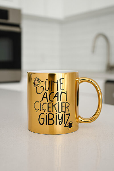 çokaş Pack of 3 Gold Color Coffee Mug Cups with Text Printed