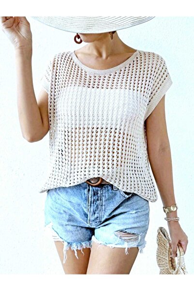 EKİN DEMİR Openwork Short Sleeve Boat Neck Off Shoulder 100% Cotton Women's Knitwear Sweater