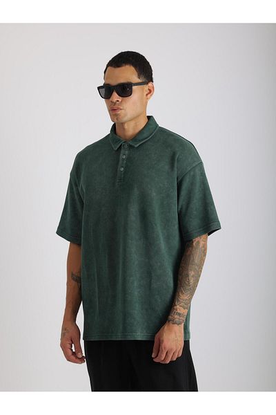 EGHO Washed Double Pique Fabric Men's Polo Neck Loose Fit T-Shirt with Tumbled Effect