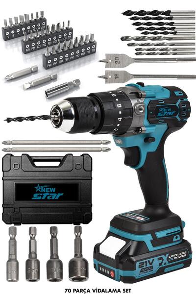 Newstar New Star 70 parça Çelik Mandren Kömürsüz Darbeli Şarjlı Matkap Mavi