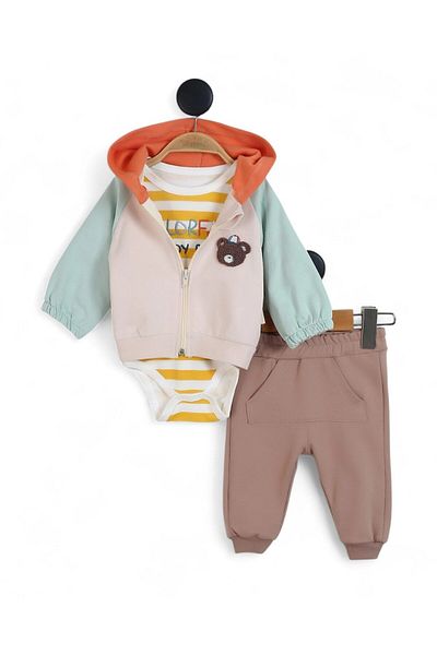 voyyo kids baby Baby Boy Teddy Bear Embroidered Jacket, Snap Fastener Bodysuit 3 Piece Cute Bottom Top Set R2098