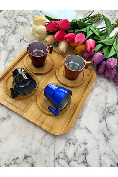 P&ORA PREMIUM KITCHEN PRODUCTS 4-Person Colorful 9-Piece Espresso Cup Set with Bamboo Tray and Plate