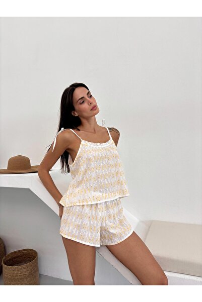 Genel Markalar Askısı Ayarlanabilir Şortlu Sarı Fisto Pijama Takımı