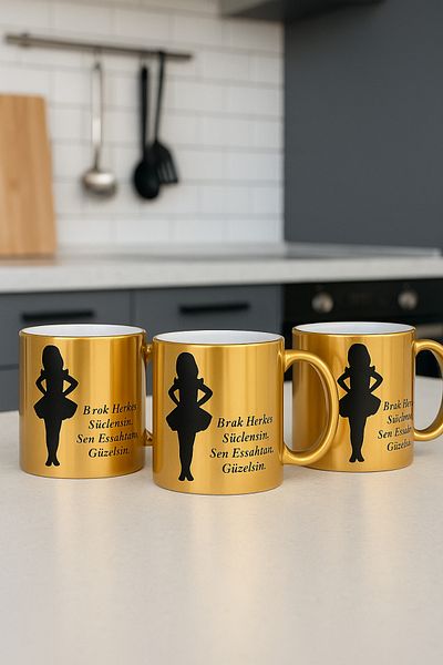 çokaş Pack of 3 Gold Color Coffee Mug Cups with Text Printed