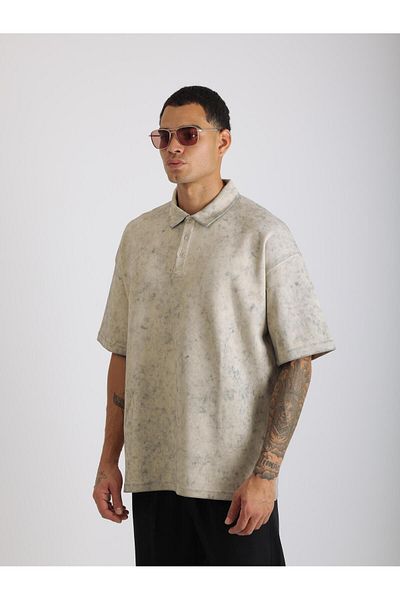 EGHO Washed Double Pique Fabric Men's Polo Neck Loose Fit T-Shirt with Tumbled Effect