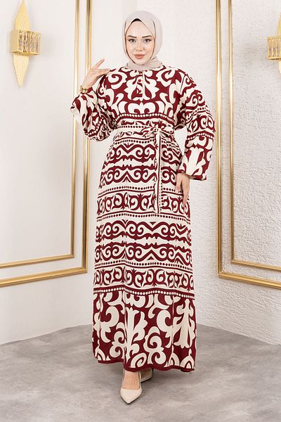 Tesettür Dünyası Asel Patterned Viscose Dress Tsd250205 Burgundy