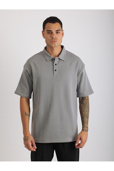 EGHO Double Pique Fabric Loose Fit Men's Polo Neck T-Shirt with Collar and Sleeve Stitching Detail