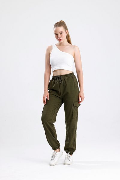 Green Hill Khaki Sweatpants with Cargo Pockets and Elastic Waist