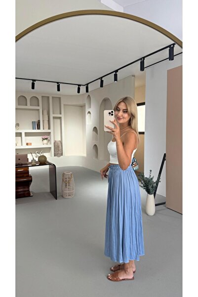 Sezgi Tekin Bel Lastikli Kırışık Doku Saten Midi Mavi Etek