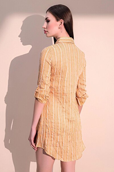 NEW LAVİVA Women's Mustard Double Pocket Striped Shirt Dress - Long Sleeve Striped Patterned Pocket Detail