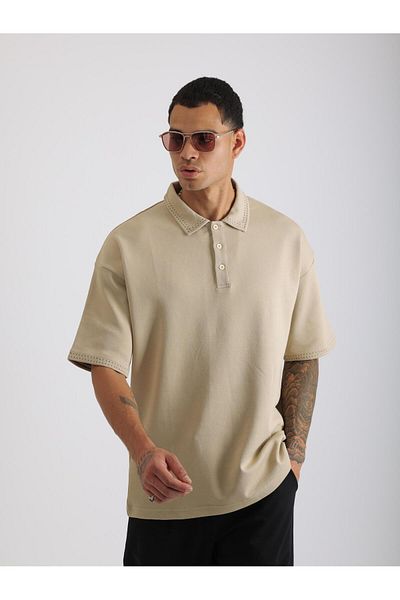 EGHO Double Pique Fabric Loose Fit Men's Polo Neck T-Shirt with Collar and Sleeve Stitching Detail