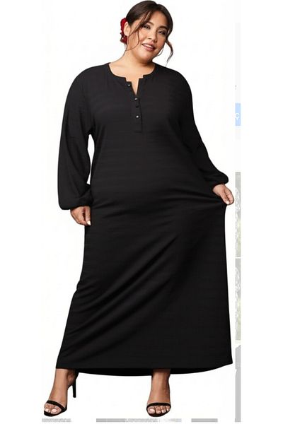 DHDmoda Black 3 Button Plus Size Hijab Dress