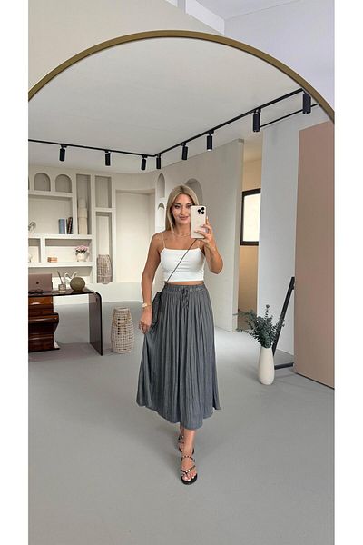 Sezgi Tekin Waist Elastic Wrinkled Texture Satin Midi Smoked Skirt