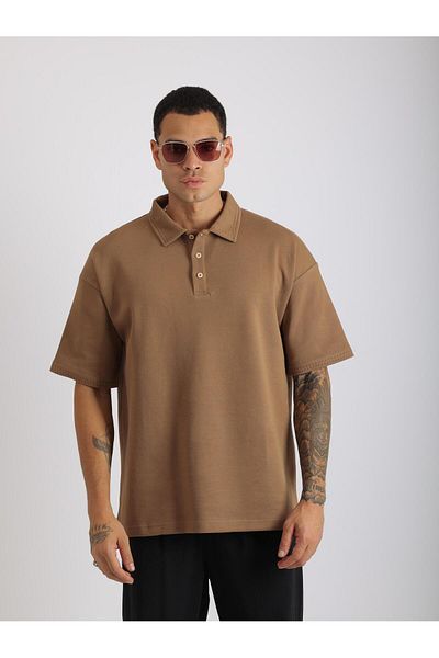 EGHO Double Pique Fabric Loose Fit Men's Polo Neck T-Shirt with Collar and Sleeve Stitching Detail