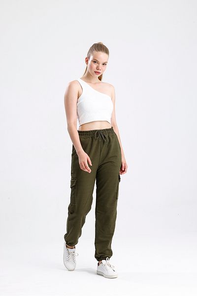 Green Hill Khaki Sweatpants with Cargo Pockets and Elastic Waist
