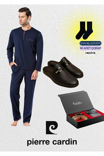 Pierre Cardin Men's Combed Navy Blue 2-Piece Pajama Set & Leather Slippers & Genuine Leather Belt Wallet Set L1.Pc.5454.St02