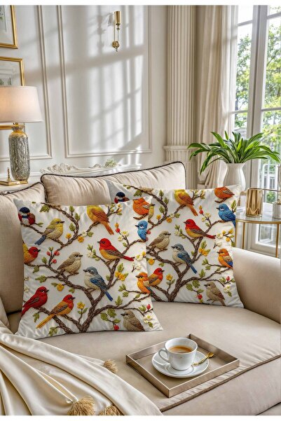 Şah Dekor Set de 2 fețe de pernă cu model de broderie cu pene imprimate digit...