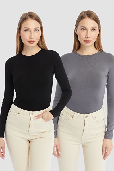 LAENT Дамски черен антрацит сив боди с кръгла яка, 2 бр.