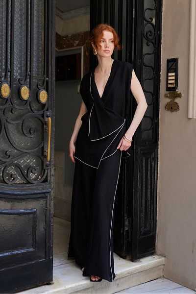 369 etnik butik Contrast Piping Detailed Double Breasted Collar Sleeveless Top and Wide Leg Pants 2 Piece Set