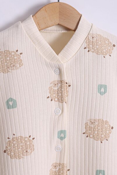 kidello Cream Lamb Motif Baby Boy Jumpsuit with Booties