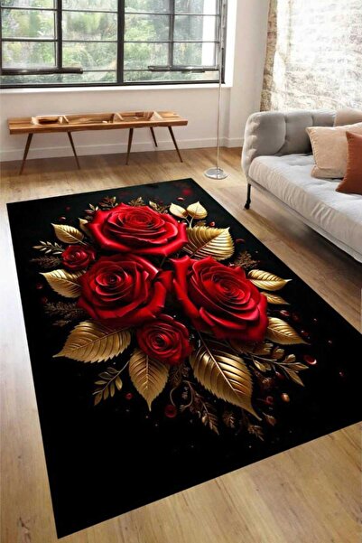 LovisaHome Gül ve Altın Yaprak Desenli Dijital Baskı Modern Halı